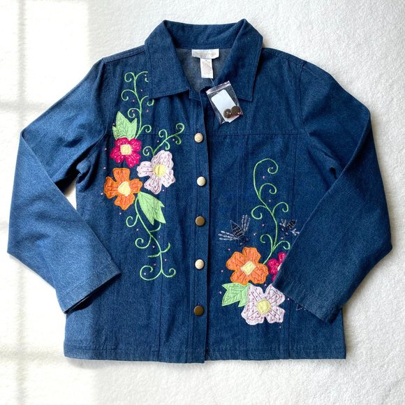 Womens Denim Jean Jacket Tapestry Patch Spring Bee Floral Embroidered Size M NWT - Picture 2 of 9
